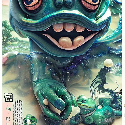 Image similar to plasticine wet shiny angels, crystal, moonlit, mirrors, camera angled dramatically, realistic, a hyperdetailed design of pepe the frog, wearing blue shirt, ferocious, chinese mythology, victo nga, fumo yoshitoshi, ren jing jeong, feifei ruan, peter mohrbacher, takato yamamoto