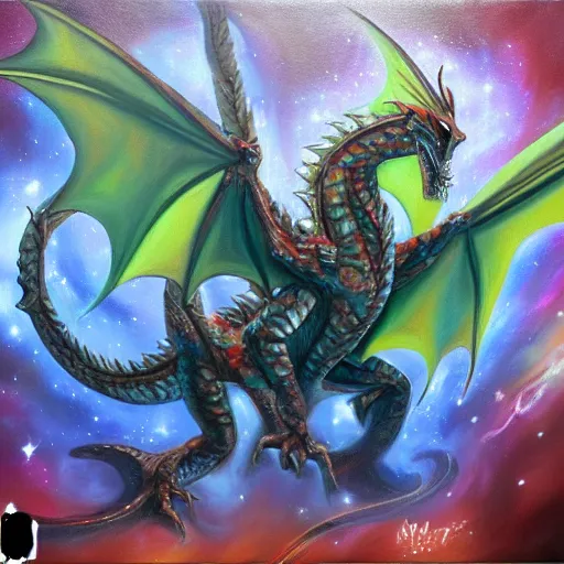 Image similar to dragon in the space, oil painting, trending on art station