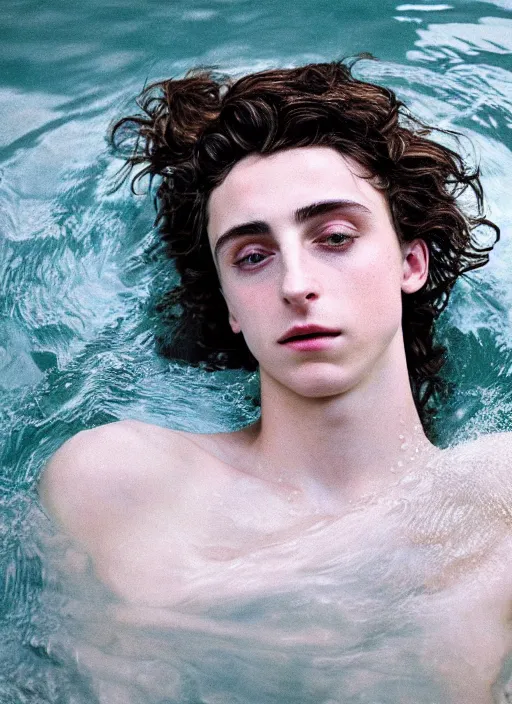 Image similar to Kodak Portra 400, 8K,ARTSTATION, Caroline Gariba, soft light, volumetric lighting, highly detailed, britt marling style 3/4 , extreme Close-up portrait photography of a Timothee Chalamet how pre-Raphaelites with his eyes closed,inspired by Ophelia paint, his face is under water Pamukkale, face above water in soapy bath tub, hair are intricate with highly detailed realistic , Realistic, Refined, Highly Detailed, interstellar outdoor soft pastel lighting colors scheme, outdoor fine photography, Hyper realistic, photo realistic