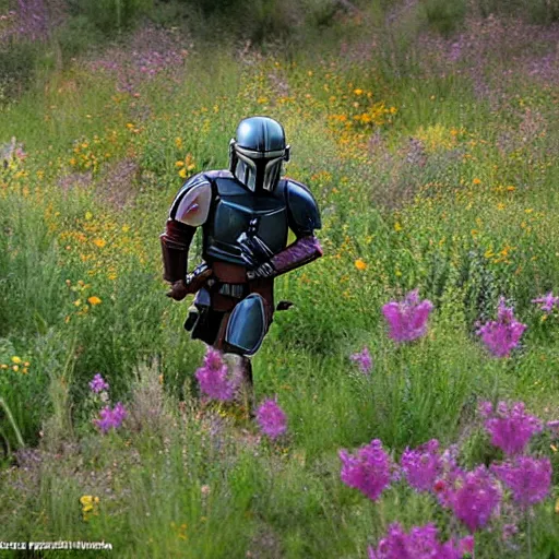 Image similar to mandalorian skipping through field of wildflowers, stunning cinematography, light diffusion