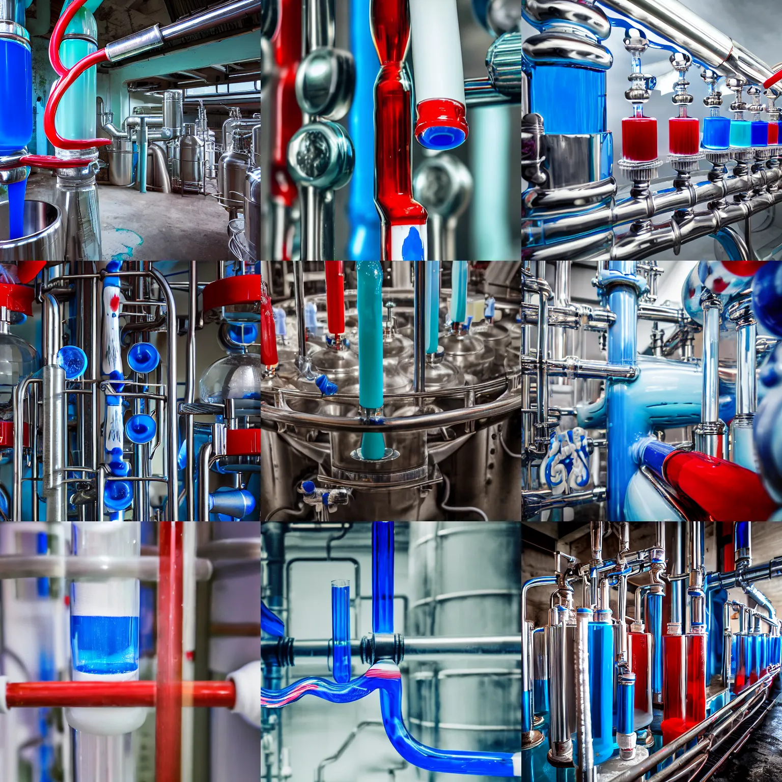 Prompt: toothpaste refinery, glass pipes showing red, white, and blue toothpaste inside, machines, industrial, high definition photograph, documentary still, 4k HD,