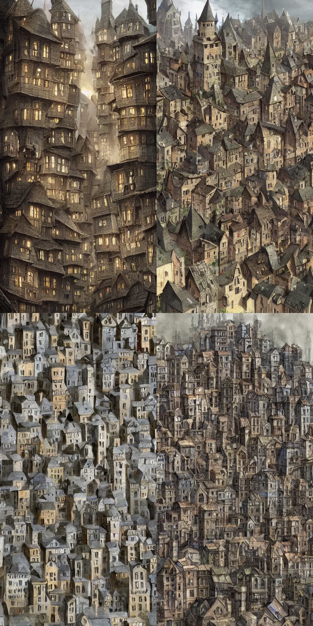 Prompt: an infinite amount of medieval houses stacked on each other, concept art, very very very very tall, trending on deviantart, movie still, award wining photograph