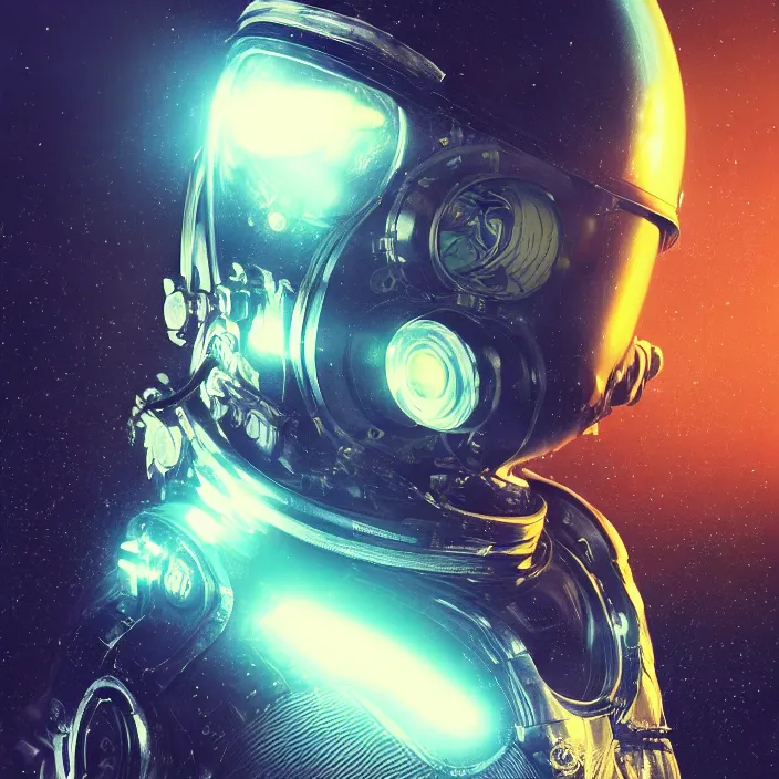 Image similar to portrait art of 8k ultra realistic retro futuristic astronaut helmet, lens flare, atmosphere, glow, detailed,intricate,blade runner, cybernetic, full of colour, cinematic lighting, trending on artstation, 4k, hyperrealistic, focused, extreme details,unreal engine 5, cinematic, masterpiece, art by ayami kojima, giger