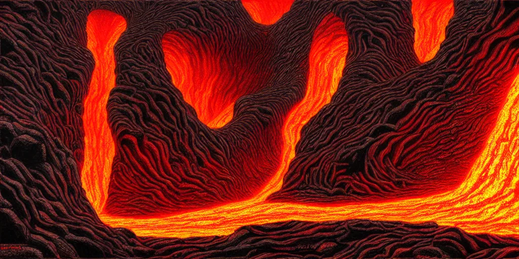 Prompt: deep twisting communal hive maze of magma and lava, award winning art, epic dreamlike fantasy landscape, art print, science fiction, ultra realistic,