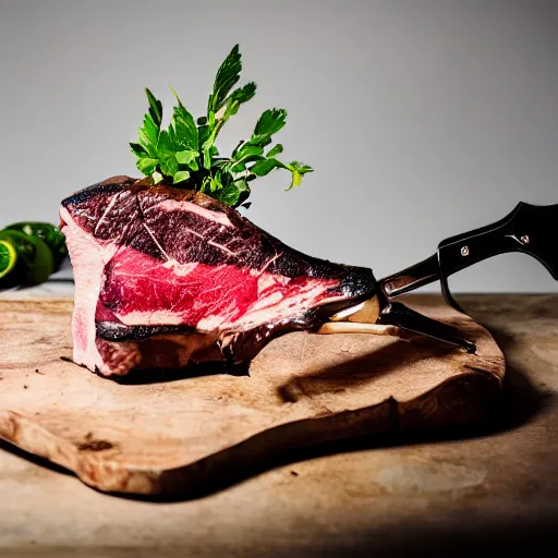 Image similar to photo of a expensive tomahawk steak, beautifully lit, food photography, 35mm, f/1.3, award winning, in the style of dennis prescott