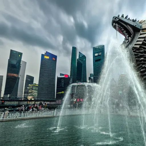 Prompt: large group of people and robots attacking merlion sculpture in Singapore, photorealistic, ultra-detailed, high resolution, HDR shot, cinematic lighting