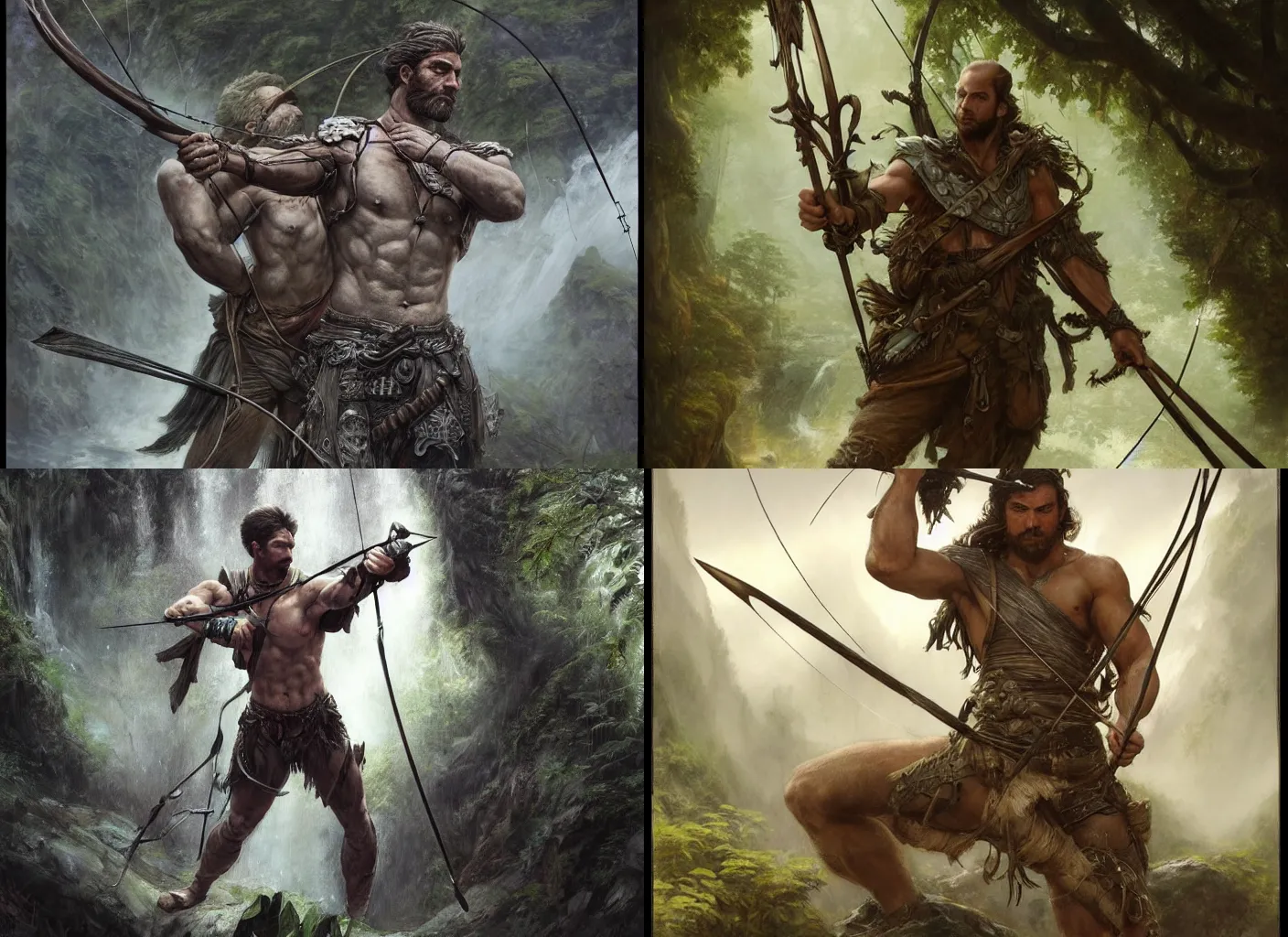 Prompt: ''Artstation concept of a rugged adventurer holding a bow, musculous, high body detail, leather armour, Rainforest background, cgsociety, by Gustave Doré, by Marco Turini, by Artgerm, Deviantart in the style of Tom Bagshaw, Cedric Peyranavernay, Peter Mohrbacher''