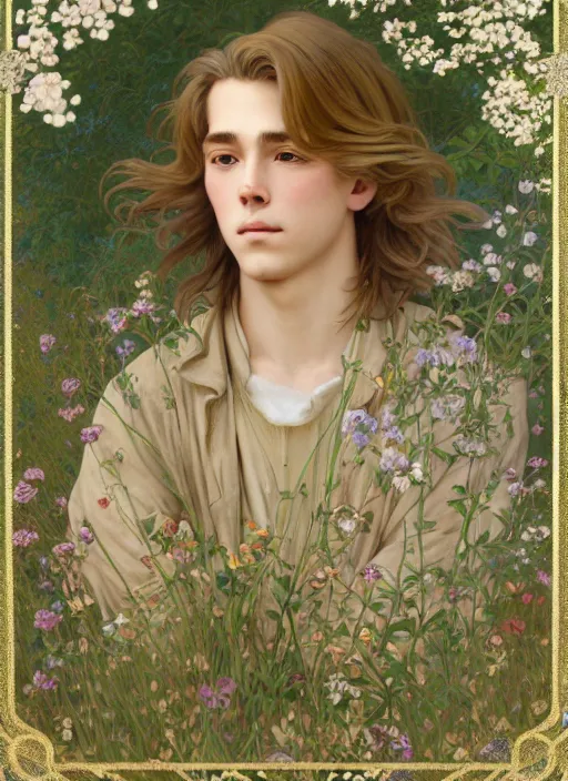 Image similar to pretty young man with shoulder length shiny shimmering golden blond hair, half body shot, decorative flowery background, path traced, highly detailed, high quality, digital painting, by studio ghibli and alphonse mucha, leesha hannigan, hidari, disney, jules bastien - lepage