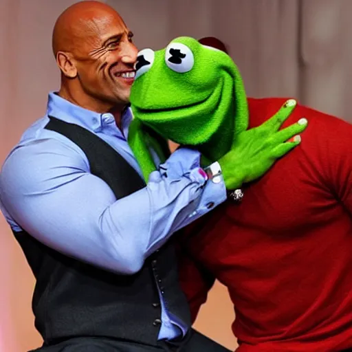 Image similar to a date romantic between dwayne johnson and kermit the frog