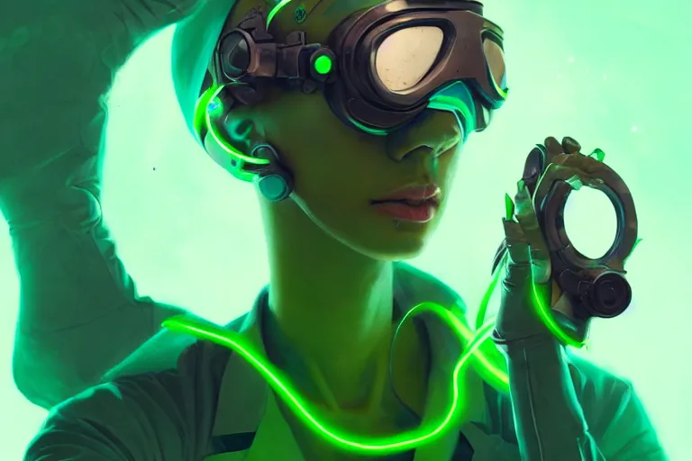 Image similar to a female scientist wearing futuristic goggles, experimenting on green glowy goo, cinematic lighting, peter mohrbacher, wlop, trending on artstation