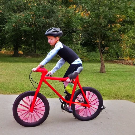 Prompt: bike with wheels made from donuts