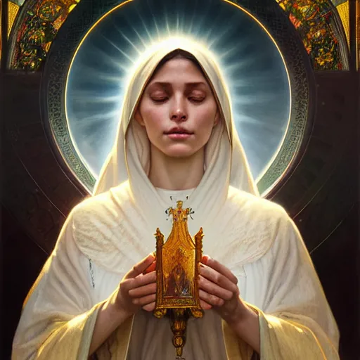 Prompt: portrait painting of a our lady of fatima, ultra realistic, concept art, intricate details, highly detailed, photorealistic, octane render, 8 k, unreal engine. art by artgerm and greg rutkowski and magali villeneuve and alphonse mucha