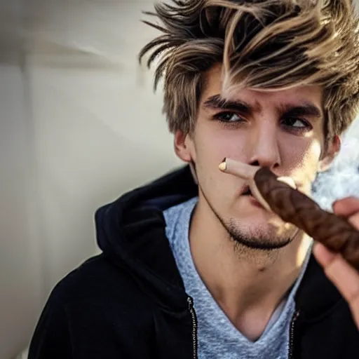 Prompt: a closeup photo of handsome gigachad xqc elrubius smoking a cigar