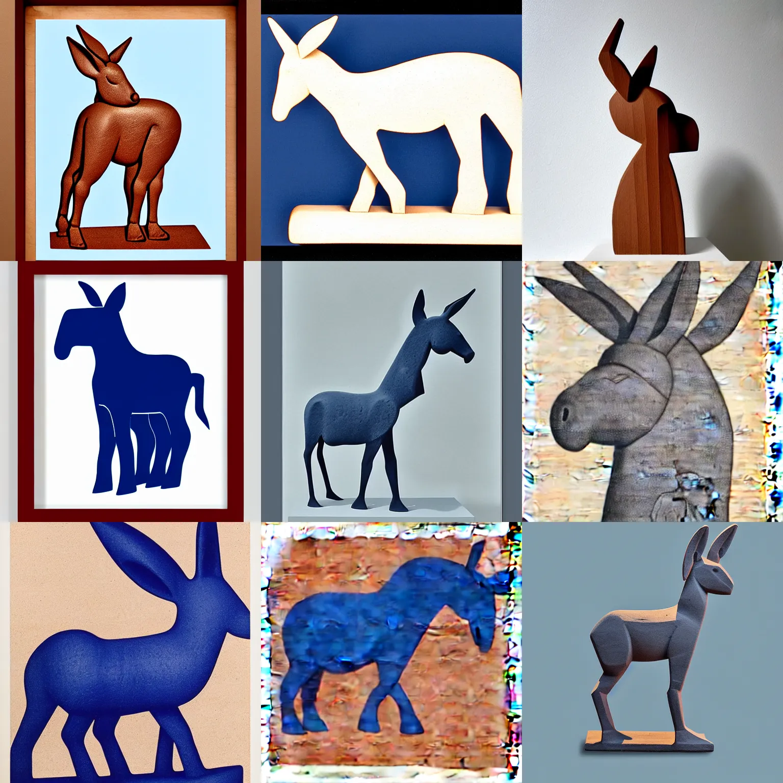 Prompt: lithograph side view of standing donkey cycladic sculpture with ears up against white background, duotone!, wood print, stamped, full body, flat colors, iconic, simplified, ultramarine blue!!! and red iron oxide!!