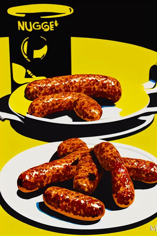 Prompt: nugget and sausage on plate, pop art, by mike swiderek, jorge lacera, ben lo, tyler west, ultrarealistic, sharp focus, rendered by unreal engine 3