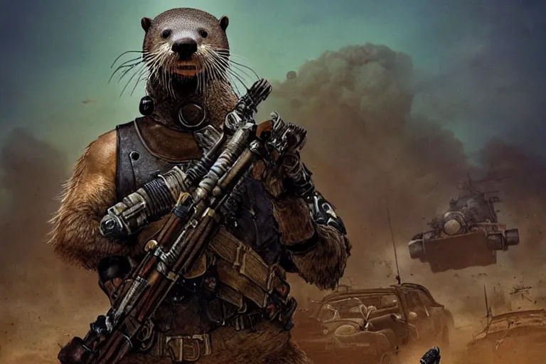 Prompt: a good ol'otter fursona ( from the furry fandom ), heavily armed and armored facing down armageddon in a dark and gritty version from the makers of mad max : fury road. witness me.