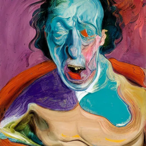 Image similar to high quality high detail expressionist painting of a man in agony by lucian freud and jenny saville and francis bacon and francisco goya and edvard munch, hd, anxiety, seated at table crying and screaming, turquoise and purple and orange and pink