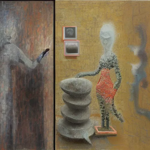 Image similar to a detailed, impasto painting by shaun tan and louise bourgeois of an abstract forgotten sculpture by ivan seal and the caretaker, alzheimers