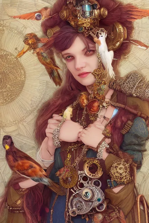 Image similar to zoom in 3 d render of english princess holding birds, ornaments, steampunk, mucha vibe, dieselpunk, solarpunk, artstation, andrei riabovitchev