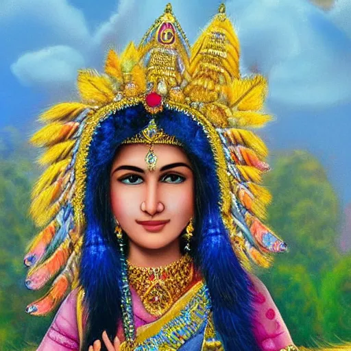 Prompt: A blue cloud on the head of a beautiful Indian princess, tears instead of rain, a gentle smile