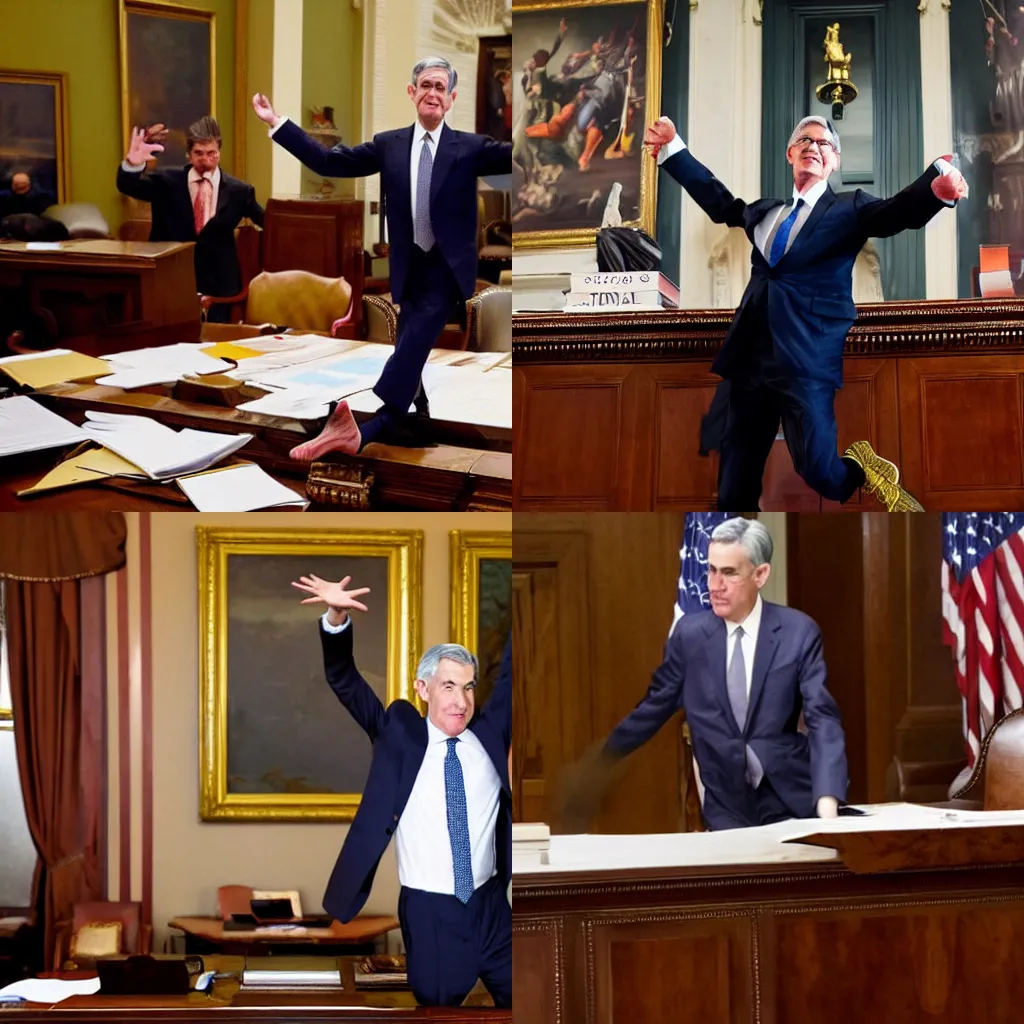 Prompt: Jerome Powell dancing on top of his desk in front of the US senate