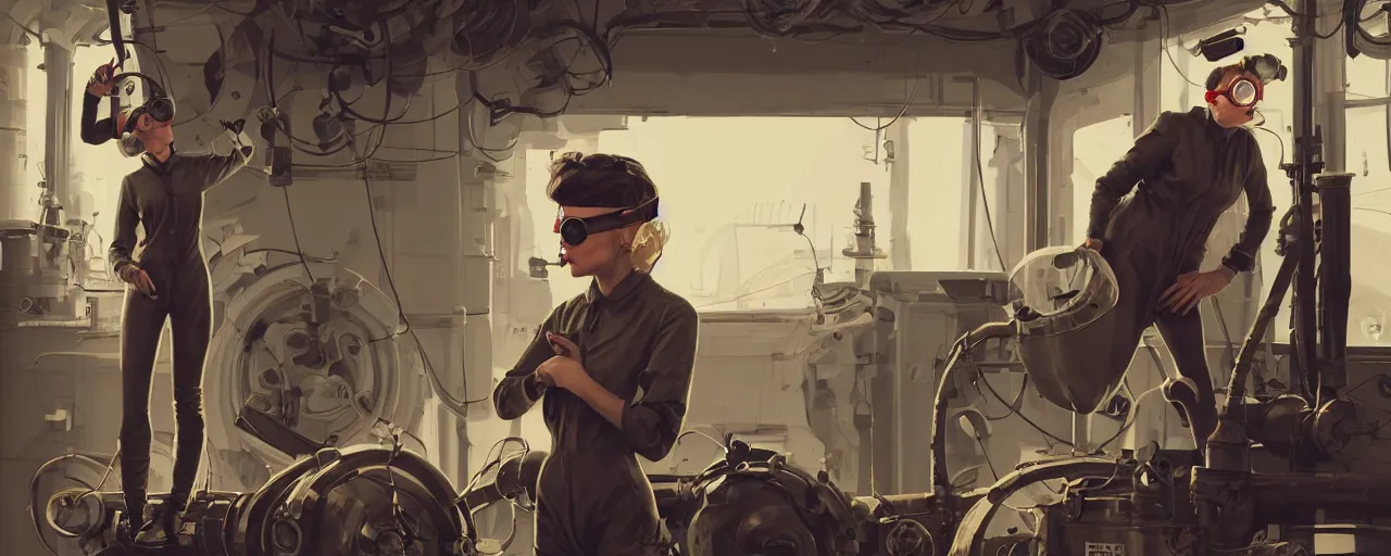 Image similar to illustration 3 / 4 portrait of stoic heroic emotionless butch blonde woman engineer with short slicked - back hair, wearing victorian goggles, no makeup, awkward and uncomfortable and anxious, dirty, dynamic composition by sergey kolesov. industrial space program, scifi, hyper detailed. octane render. concept art. trending on artstation