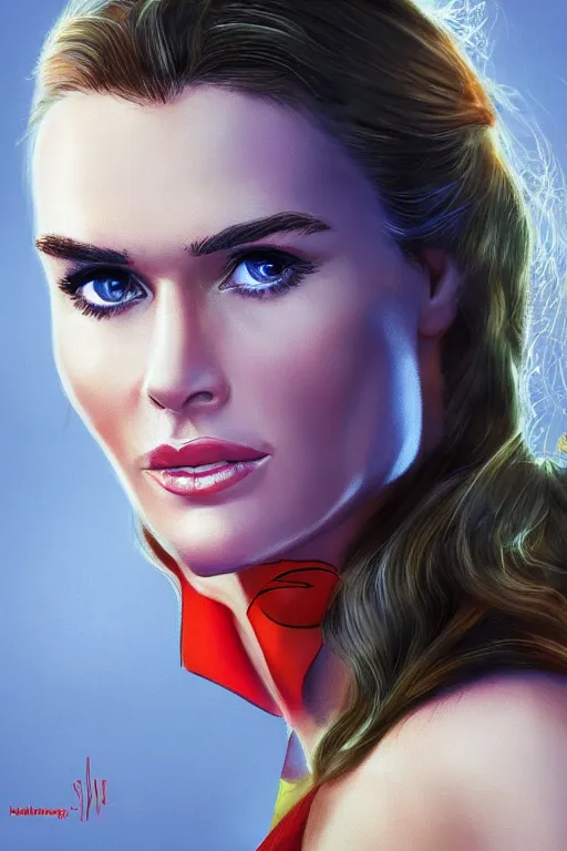 Image similar to portrait of a mix of beautiful young maria shriver, mariel hemmingway, brooke shields and elle macpherson as supergirl, thin lips, hair tied up in a pony tail, colorful artstation, cgsociety