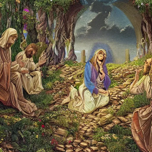 Image similar to Agony in the Garden of Getsemane. Beautiful and sad, digital art, hyper detailed intricate painting