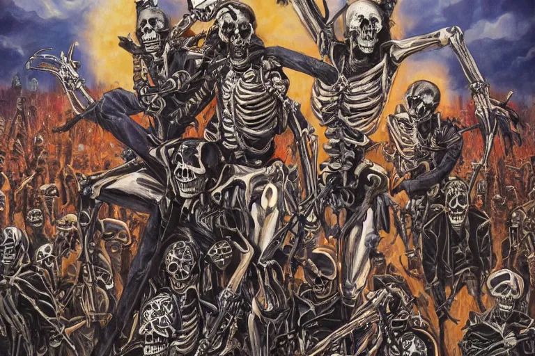 Image similar to skeleton heavy metal band live at coachella, art by danny flynn and simon bisley, trending on artstation, halfrear, oil and canvas, very very intricate, socialist realism