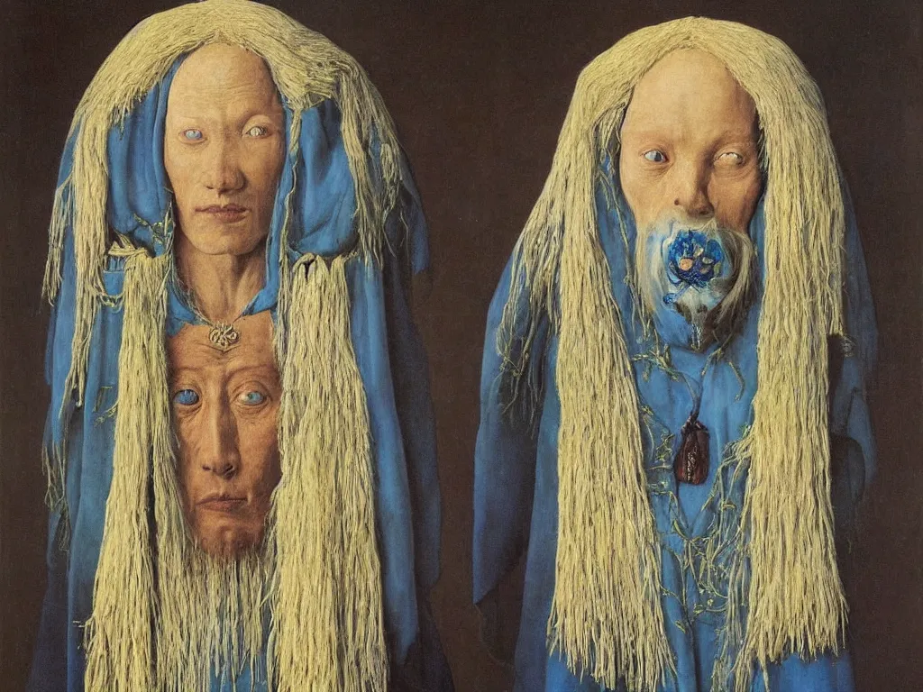 Prompt: Portrait of albino mystic with blue eyes, with beautiful exotic Tibetan shamanic death mask. Painting by Jan van Eyck, Audubon, Rene Magritte, Agnes Pelton, Max Ernst, Walton Ford