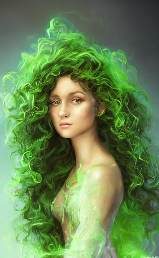 Image similar to a young woman with wild, curly hair and bright green eyes. she's wearing a flowing dress made of light, airy fabric and she has a mischievous look on her face, dynamic lighting, photorealistic fantasy concept art, trending on art station, stunning visuals, creative, cinematic, ultra detailed