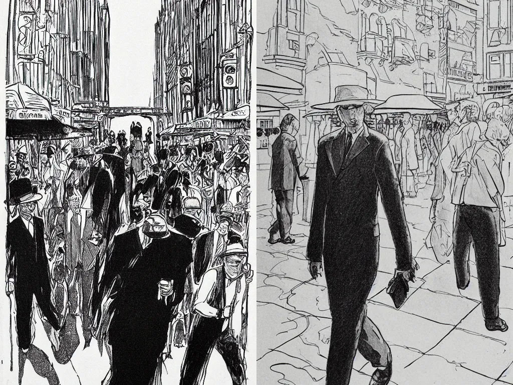 Prompt: glorious minimalist one-line pen illustration by Jean Giraud, surrealist overhead close-up of curly headed tan man in suit walking through crowded downtown market by Edward Hopper, by Jean Giraud