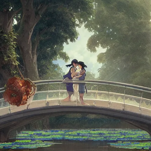 Image similar to a couple sitting on the bridge close to the river with a lot of water lily made by studio ghibli highly detailed, digital painting, artstation, concept art, smooth, sharp focus, illustration, art by artgerm and greg rutkowski and alphonse mucha