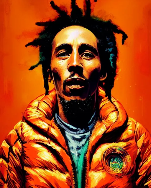 Prompt: detailed full body portrait of Bob Marley, cyberpunk futuristic neon, orange reflective puffy coat, decorated with traditional Japanese ornaments by Ismail inceoglu dragan bibin hans thoma greg rutkowski Alexandros Pyromallis Nekro Rene Maritte Illustrated, Perfect face, fine details, realistic shaded, fine-face, pretty face