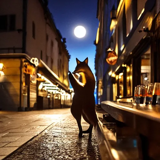 Prompt: a fox drinking a beer at an outside bar in stockholm during full moon