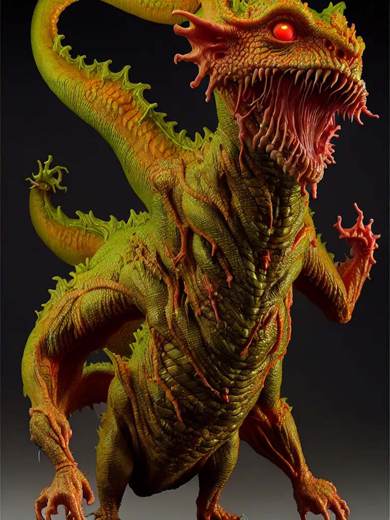 Image similar to hyperrealistic rendering, fat smooth cronenberg flesh monster dragon by donato giancola and greg rutkowski and wayne barlow and zdzisław beksinski, eyeballs, product photography, action figure, sofubi, studio lighting, colored gels, colored background