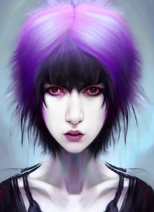 Image similar to hair blackbangs hair, white cyberlox, portrait of normal teenage girl, normal face, black bangs, messy bangs, fluffy bangs, cyberlox, whitebangs, red contact lenses, purple background, intricate, elegant, highly detailed, digital painting, artstation, concept art, sharp focus, smooth, illustration, art by wlop, mars ravelo and greg rutkowski