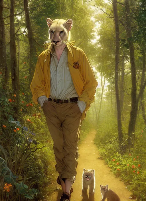 Prompt: beautiful portrait commission of a male Furry Anthro albino mountain lion Fursona wearing a yellow button-down shirt, olive green slacks walking down a forest trail. Atmospheric. Renowned character illustration by greg rutkowski, thomas kindkade, alphonse mucha, loish, norman rockwell. detailed, inked, western comic book art