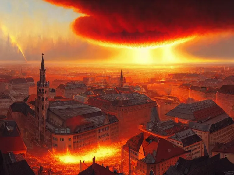 Prompt: , city of munich!!!, nuclear explosion!!!, shockwave!!, rubble, hyperrealistic, highly detailed, cinematic, single ray of golden sunlight, beautiful, cgssociety, artstation, 8 k, oil painting by greg rutkowski, by artgerm, by wlop