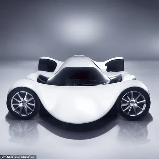 Prompt: a new design car with a undercarriage swoops like a dolphin's belly. this reduces drag, or the force of air flowing against the motion of the vehicle is curved at the nose, wide along the sides and tapered toward the trunk like a small, speedy aircraft