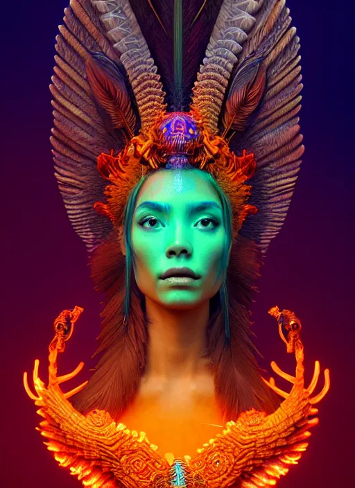 Image similar to a wlop 3 d portrait of a goddess, 8 k micro details beautiful intricate highly detailed quetzalcoatl skull and feathers. bioluminescent, fire, galaxy, artwork by tooth wu and wlop and beeple and greg rutkowski, trending on artstation,