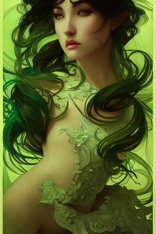 Image similar to greenyellowwhite, dark fantasy, intricate, elegant, highly detailed, digital painting, artstation, concept art, matte, sharp focus, illustration, art by artgerm and alphonse mucha