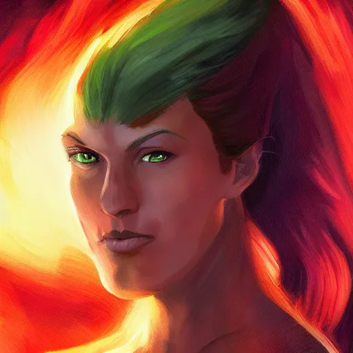 Prompt: jean grey, a half body portrait of jean grey, green eyes, red hair, phoenix, flames, flying, comic, x - men, highly detailed, artstation, symetry, digital painting, vivid colors, realistic shaded perfect face, soft lighting, atmospheric, cinematic, moody, in the style of alex ross, oil on canvas, 8 k