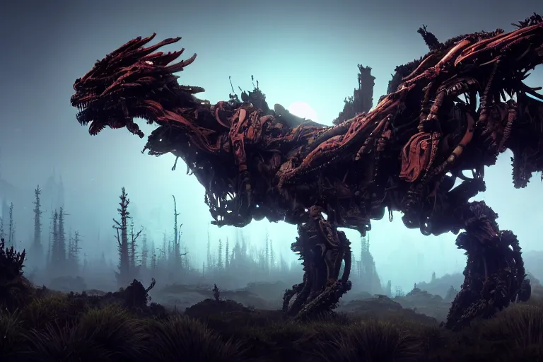 Image similar to wide epic shot from horizon forbidden west. a hyper detailed organic mechanic creatuve realistic similar look as horizon forbidden west horizon zero dawn, bioluminiscence in a dark deep forest at dawn in spring, with reflection and textures, by kilian eng, substance painter reaslitic mech surface metal painted scratches, world env from horizon forbidden west horizon zero dawn