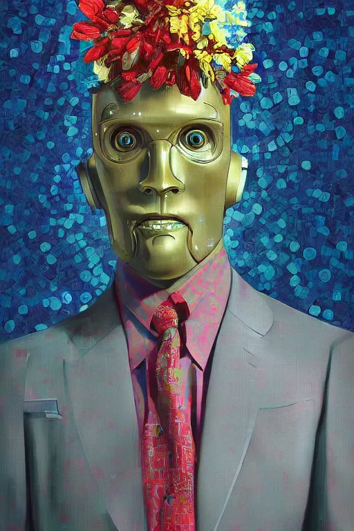 Prompt: a digital painting of a robot in a suit and tie, 1965 character portrait by Vladimir Tretchikoff, cgsociety, panfuturism, made of flowers, neo-figurative, vaporwave