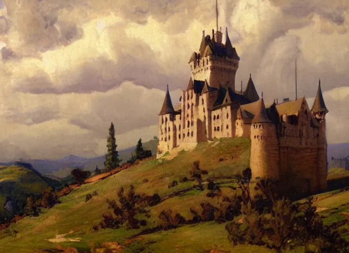 Image similar to painting of a castle on top of a hill, an ultrafine detailed painting by tom roberts, featured on artstation, american barbizon school, matte painting, matte drawing, painterly