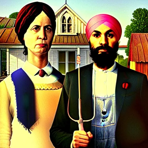 Image similar to Justin Trudeau and Jagmeet Singh in the american gothic painting, concept art, sharp focus, highly detailed digital painting by Grant Wood, artstation