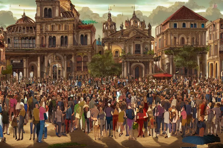 Image similar to cell shaded key visual of a renaissance city square, crowds of people, dramatic lighting