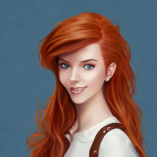 Prompt: a portrait of a young woman with auburn hair, smart, rich, traveling clothes, artist, artistic, shallan davar, blue eyes, beautiful, smiling, thick hair, dnd, rpg, shy, quick witted, artgerm style