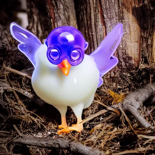 Image similar to photo of a translucent clear chibi style chicken with symmetrical head and eyes, made out of clear plastic, but has purple hypercolor glowing electric energy inside its body, and electricity flowing around the body. in the forest. fantasy magic style. highly detailed 8 k. intricate. nikon d 8 5 0 3 0 0 mm. award winning photography. design by pixar